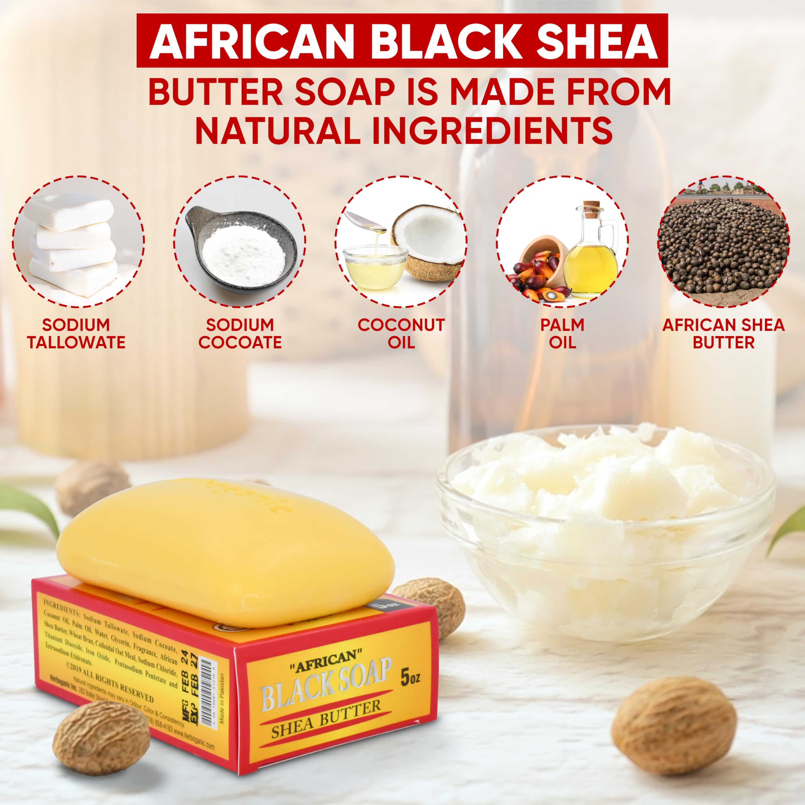 HERBOGANIC Africal Black soap With Shea Butter Herbal Soap | Pack of 3 of 5oz soap Bar | Natural Bar Soap for Face and Body | Hydrating and Nourishing | Suitable for Men and Women